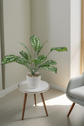  Gri Saksılı Yapay Bitki 12 Yapraklı Damalı Model Bitki 40 cm Yeşil - Yapay Çiçek Deposu