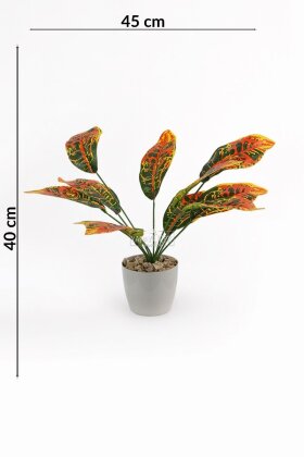 Gri Saksılı Yapay Bitki 12 Yapraklı Kraton Bitkisi 45 cm Yeşil - Turuncu - 3