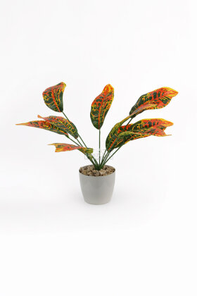 Gri Saksılı Yapay Bitki 12 Yapraklı Kraton Bitkisi 45 cm Yeşil - Turuncu - 2