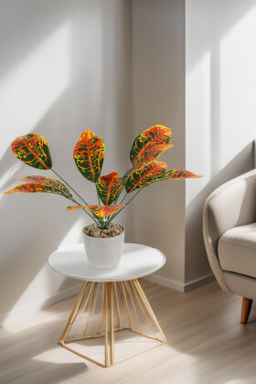 Gri Saksılı Yapay Bitki 12 Yapraklı Kraton Bitkisi 45 cm Yeşil - Turuncu - Yapay Çiçek Deposu