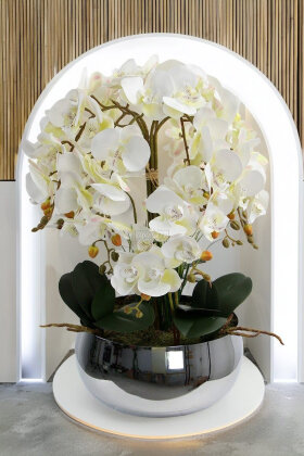 Metal Gümüş Saksıda Lüx 10lu Orkide Beyaz - Yapay Çiçek Deposu