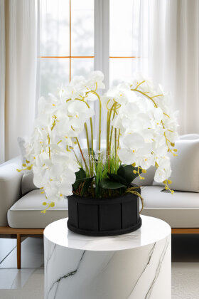 Dekoratif Ahşap Saksıda Orkide Tanzimi Beyaz - Yapay Çiçek Deposu