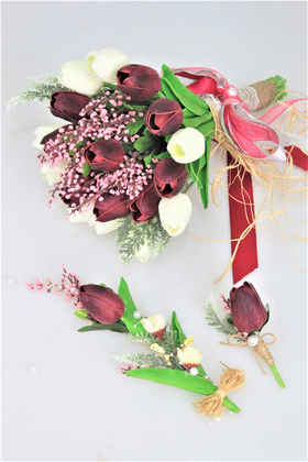 Islak Lale Gelin Çiçeği 3lü Set Beyaz-Mürdüm - Yapay Çiçek Deposu