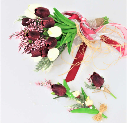 Islak Lale Gelin Çiçeği 3lü Set Beyaz-Mürdüm - 2