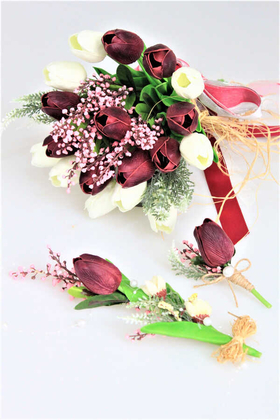 Islak Lale Gelin Çiçeği 3lü Set Beyaz-Mürdüm - 3