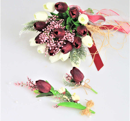 Islak Lale Gelin Çiçeği 3lü Set Beyaz-Mürdüm - 4