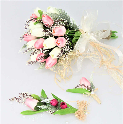 Islak Lale Gelin Çiçeği 3lü Set Beyaz- Pembe - 3