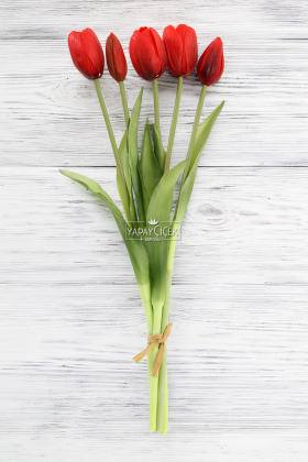 Gerçek Dokulu Lüx 5 Dallı Tulipa Lale Buketi Kırmızı - 3