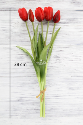 Gerçek Dokulu Lüx 5 Dallı Tulipa Lale Buketi Kırmızı - 4