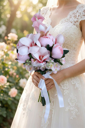 Kalp Atışı Şakayık-Manolya Gelin Buketi 2li Set - Yapay Çiçek Deposu