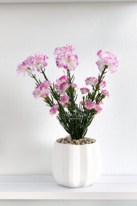 Yapay Karanfil Çiçeği Tanzimi Saksılı 37 cm Beyaz-Lila - Yapay Çiçek Deposu
