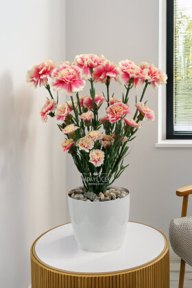 Yapay Karanfil Çiçeği Tanzimi Saksılı 37 cm Pembe - Krem - Yapay Çiçek Deposu