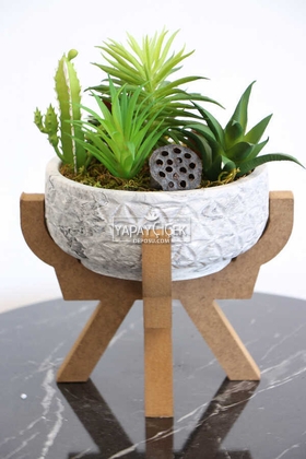 Ahşap Ayaklı Beton Saksida Yapay Succulent Bahçesi - 2