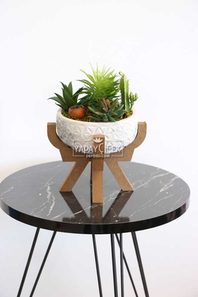 Ahşap Ayaklı Beton Saksida Yapay Succulent Bahçesi - 3