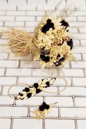 Kuru Çiçek Gelin Buketi Clara Mor Bej Naturel 3lü Set - Yapay Çiçek Deposu