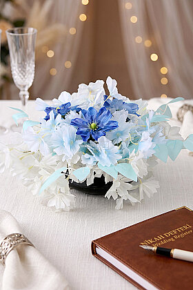 Plastik Saksıda Mavi Ahenk Nişan Düğün Salon Masa Çiçeği Aranjmanı - Yapay Çiçek Deposu