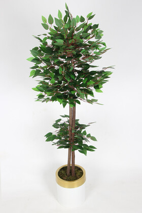 Beyaz Gold Metal Saksıda Yapay Benjamin Ağacı (Ficus benjamina) 150 cm Yeşil - 1