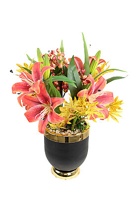 Metal Gold Vazoda Yapay Çiçek Coral Sunset Lilyum Tanzimi 50 cm Nar Çiçeği-Sarı - 3