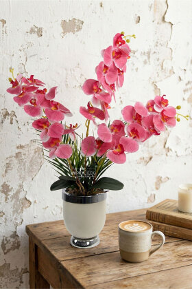 Metal Beyaz-Gümüş Saksıda Yapay Orkide Tanzimi 75 cm Javanica Pembe - Yapay Çiçek Deposu