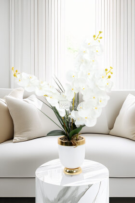 Metal Beyaz-Gold Saksıda Yapay Orkide Tanzimi 75 cm Javanica - Yapay Çiçek Deposu