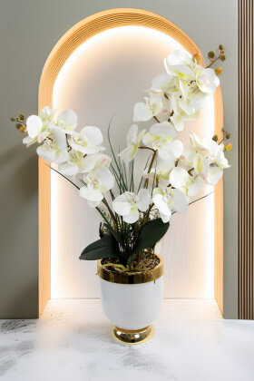 Metal Beyaz-Gold Saksıda Yapay Orkide Tanzimi 75 cm Javanica - Yapay Çiçek Deposu