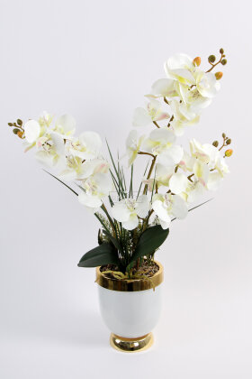 Metal Beyaz-Gold Saksıda Yapay Orkide Tanzimi 75 cm Javanica - 2