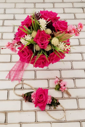 Minerva Fuşya Lüx Güller Gelin Buketi 3lü Set - 3