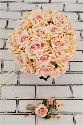 Minerva Pudra Pembe Lüx Güller Gelin Buketi 2li Set - Yapay Çiçek Deposu
