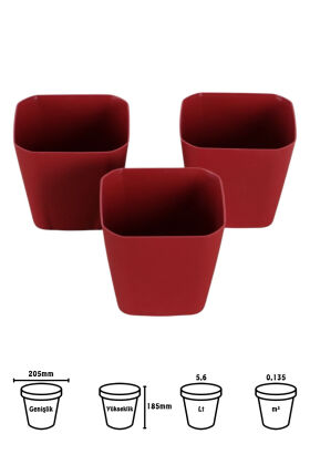 Modern Safir Kare Saksı 3lü Set Bordo 5,6 Litre - 2