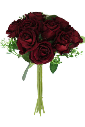 Yapay Çiçek 9lu Kaliteli Kadife Gül Demeti 27cm Bordo - 1