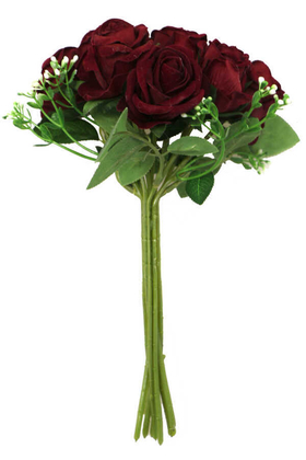 Yapay Çiçek 9lu Kaliteli Kadife Gül Demeti 27cm Bordo - 3
