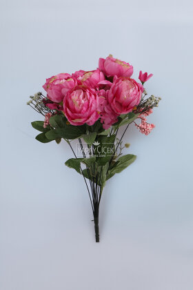Yapay Çiçek Ortanca Cipso Şakayık Gülü Aranjmanı 50 cm Fuşya - 2