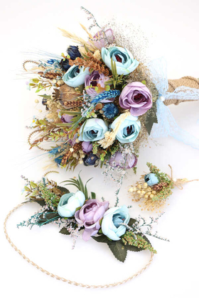 Pastel Gelin Buketi Mavi-Mor Tonlar 3lü Set - 2