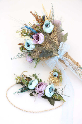 Pastel Gelin Buketi Mavi-Mor Tonlar 3lü Set - 3