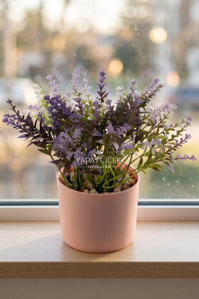 Pembe Saksıda Masaüstü Salvia Çiçeği Tanzimi 20 cm Mor - Yapay Çiçek Deposu