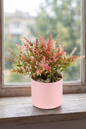 Pembe Saksıda Masaüstü Salvia Çiçeği Tanzimi 20 cm Pembe - Yapay Çiçek Deposu