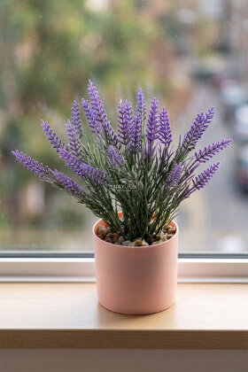 Pembe Saksıda Sabah Işığı Lavanta Aranjmanı 25 cm - Yapay Çiçek Deposu