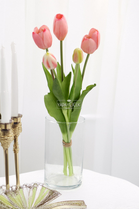 Gerçek Dokulu Lüx 5 Dallı Tulipa Lale Buketi Pudra Pembe - 2