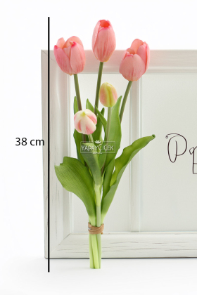Gerçek Dokulu Lüx 5 Dallı Tulipa Lale Buketi Pudra Pembe - 3