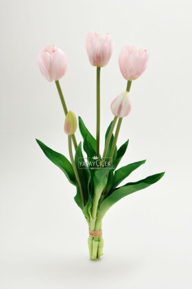 Gerçek Dokulu Lüx 5 Dallı Tulipa Lale Buketi Pudra Pembe - 3
