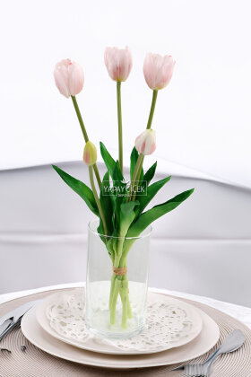 Gerçek Dokulu Lüx 5 Dallı Tulipa Lale Buketi Pudra Pembe - 2