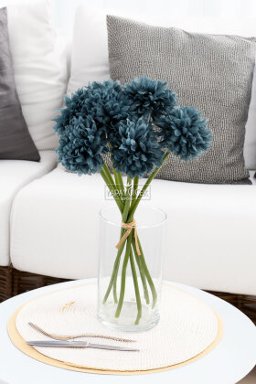 Yapay Çiçek Top Krizantem 7li Mini Kartopu Demeti 30 cm Petrol Mavi - 2