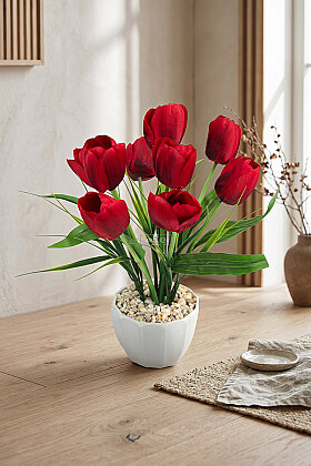 Plastik Saksıda Yapay Çiçek Cherry Red Tulips Aranjmanı 35 cm Kırmızı - 2