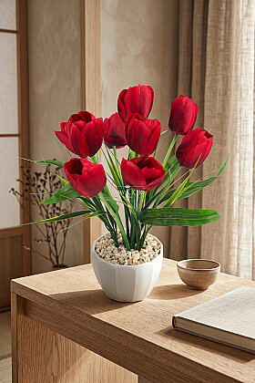 Plastik Saksıda Yapay Çiçek Cherry Red Tulips Aranjmanı 35 cm Kırmızı - Yapay Çiçek Deposu