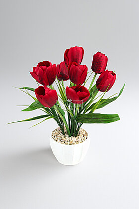 Plastik Saksıda Yapay Çiçek Cherry Red Tulips Aranjmanı 35 cm Kırmızı - 3