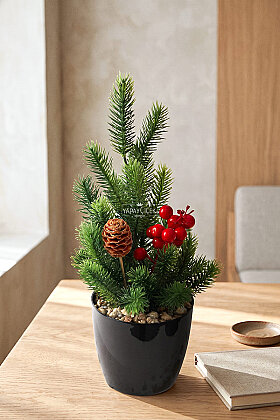 Saksıda Yapay Çiçek Pinus Baccata Aranjmanı 35 cm - Yapay Çiçek Deposu