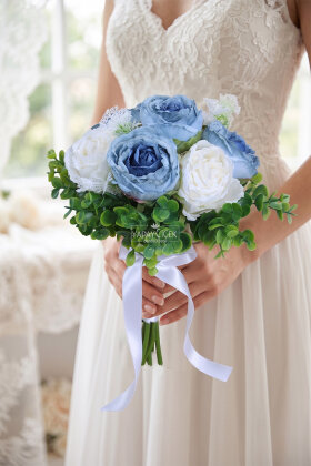 Puslu Mavi Gül Gelin Buketi 2li Set - Yapay Çiçek Deposu