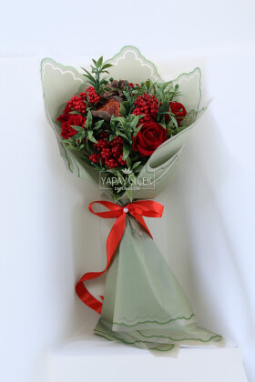 Yapay Yeni Yıl Red Harmony Kokina Buketi 60 cm - Yapay Çiçek Deposu