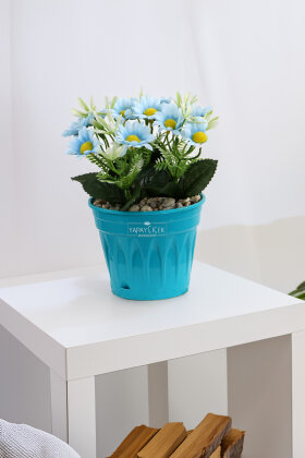 Mavi Saksıda Yapay Papatya Çiçeği Mavi 20 cm - 2