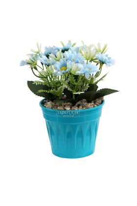Mavi Saksıda Yapay Papatya Çiçeği Mavi 20 cm - 3